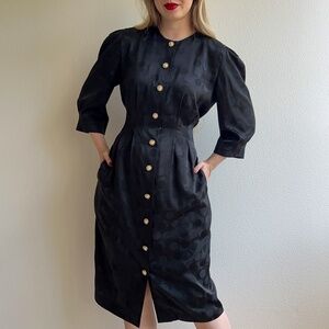 Glamorous Vintage 1980s Black Satin Dress With Pearl Buttons (M)